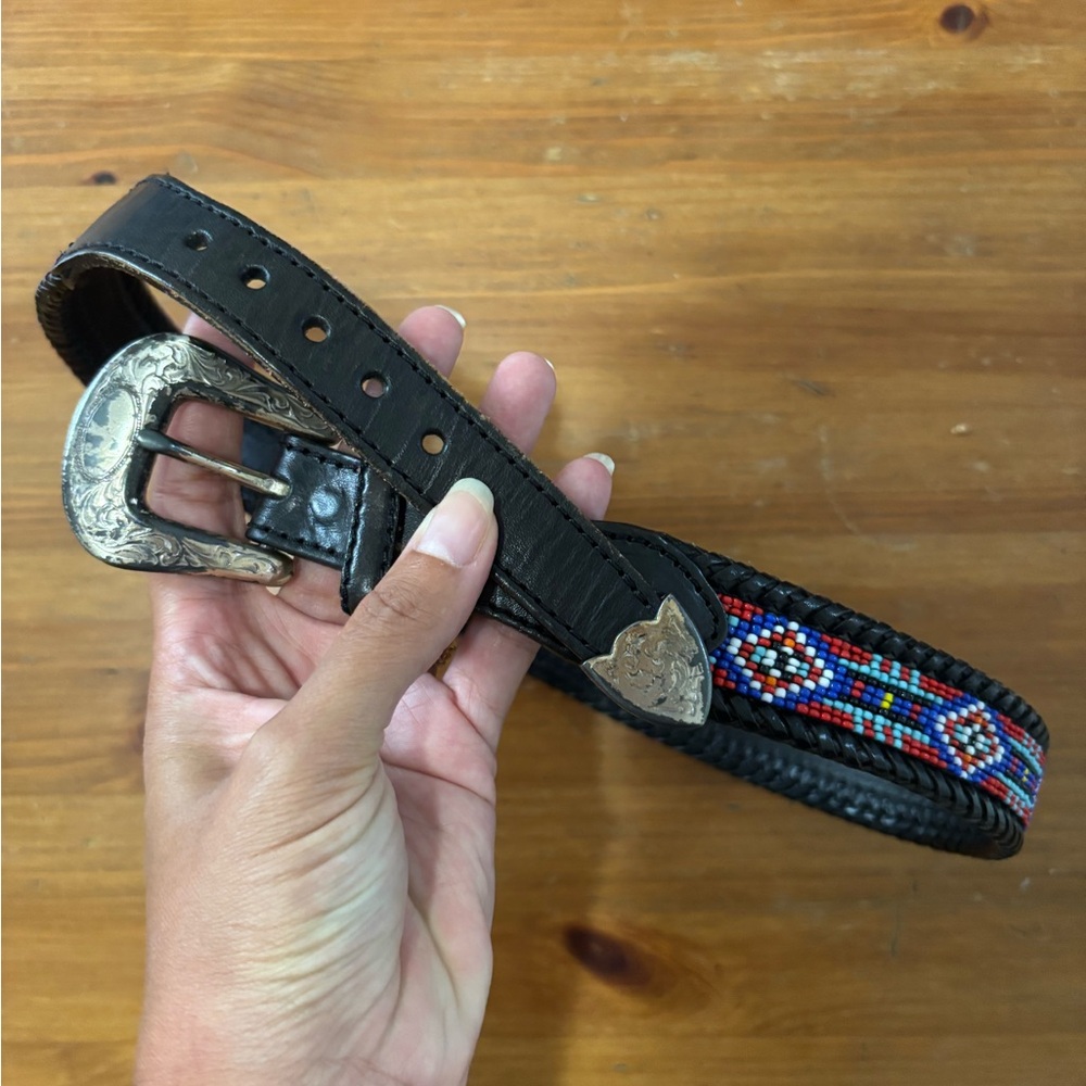Vintage 90s Western Style Beaded Leather Belt size 30